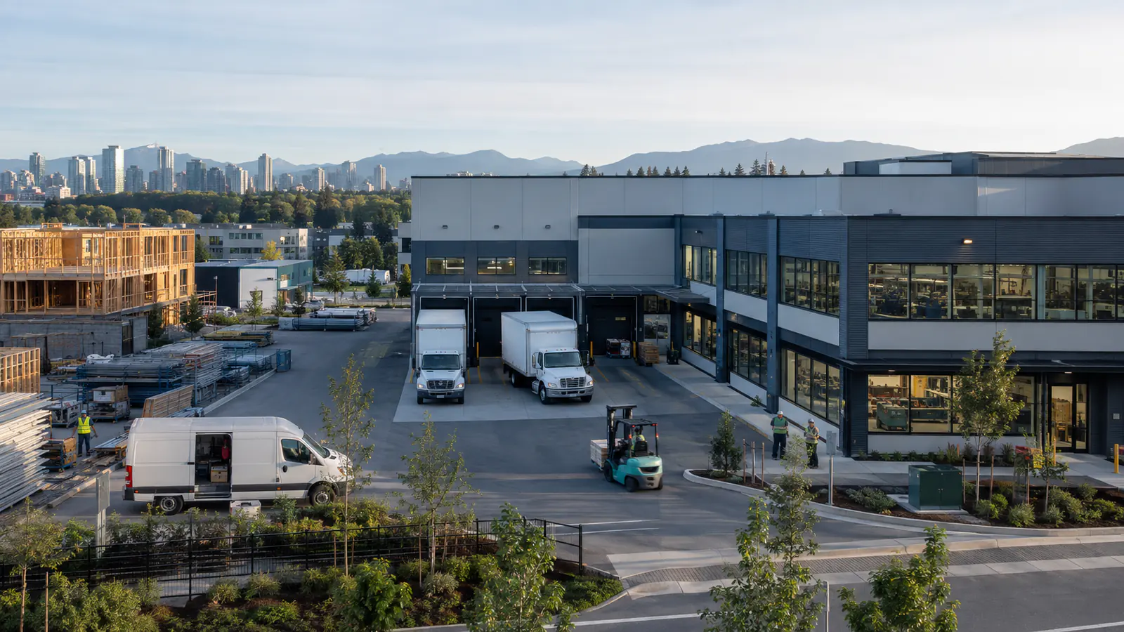Activités de construction, transport et fabrication dans un secteur industriel canadien.